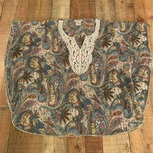 Overdrive womens size 1X cream and blue Bohemian V neck open sleeve blouse top